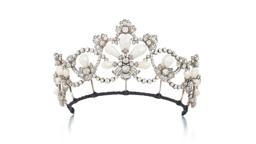 A 19th-century natural pearl and diamond tiara by Köchert that belonged to Archduchess Maria Immaculata of Austria-Tuscany, Duchess of Württemberg. She inherited the tiara from her mother, Princess Maria Immaculata of Bourbon-Two Sicilies, Archduchess of Austria-Tuscany. Köchert tiara Archduchess Maria Immaculata